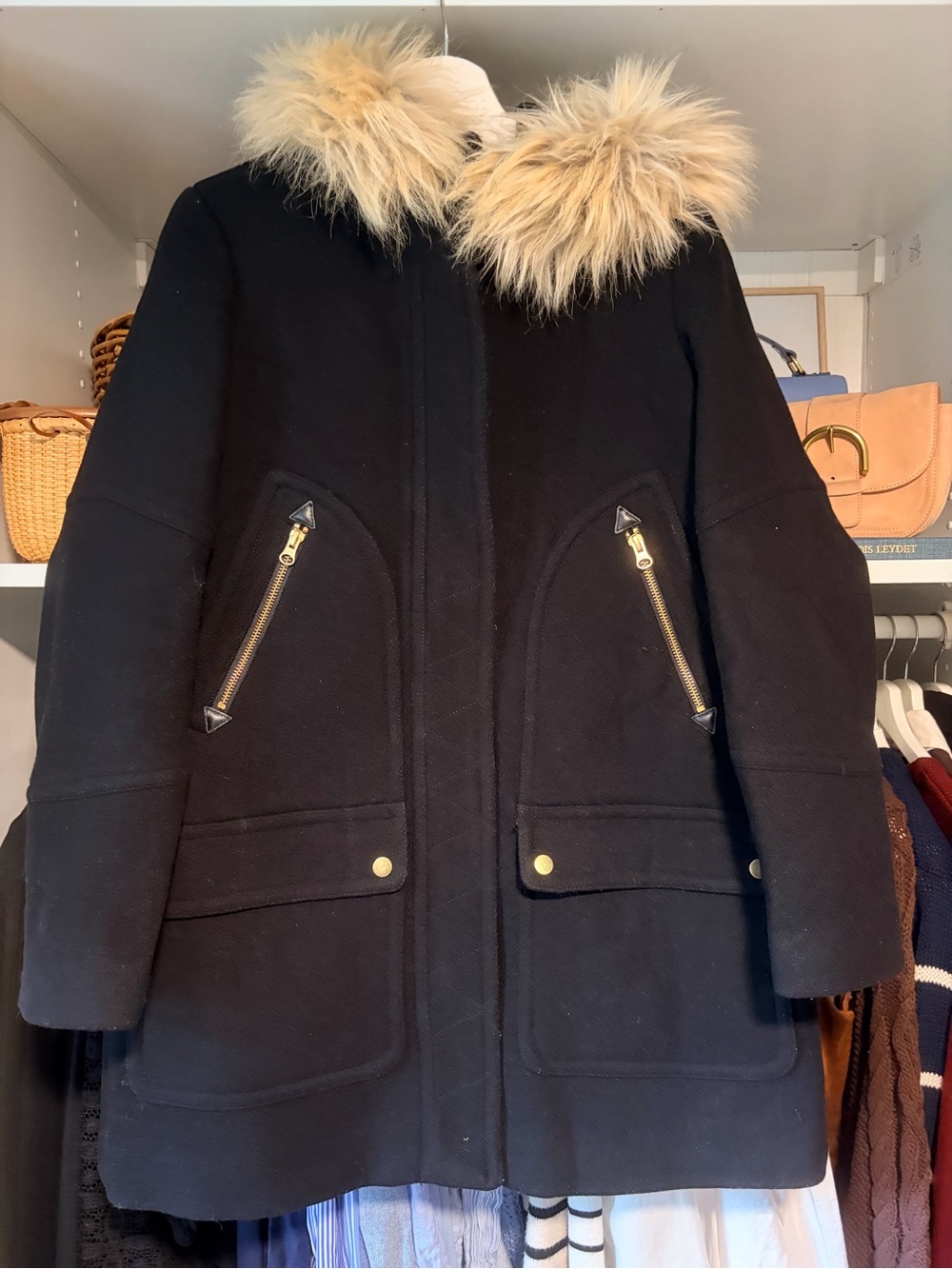 J. Crew Chateau Coat - Black Wool with Faux Fur Collar